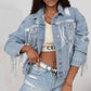 Sky Blue Sequin Embellished Fringe Distressed Denim Jacket: Sky Blue / 75%Cotton+12.7%Polyester+12.3%Viscose.