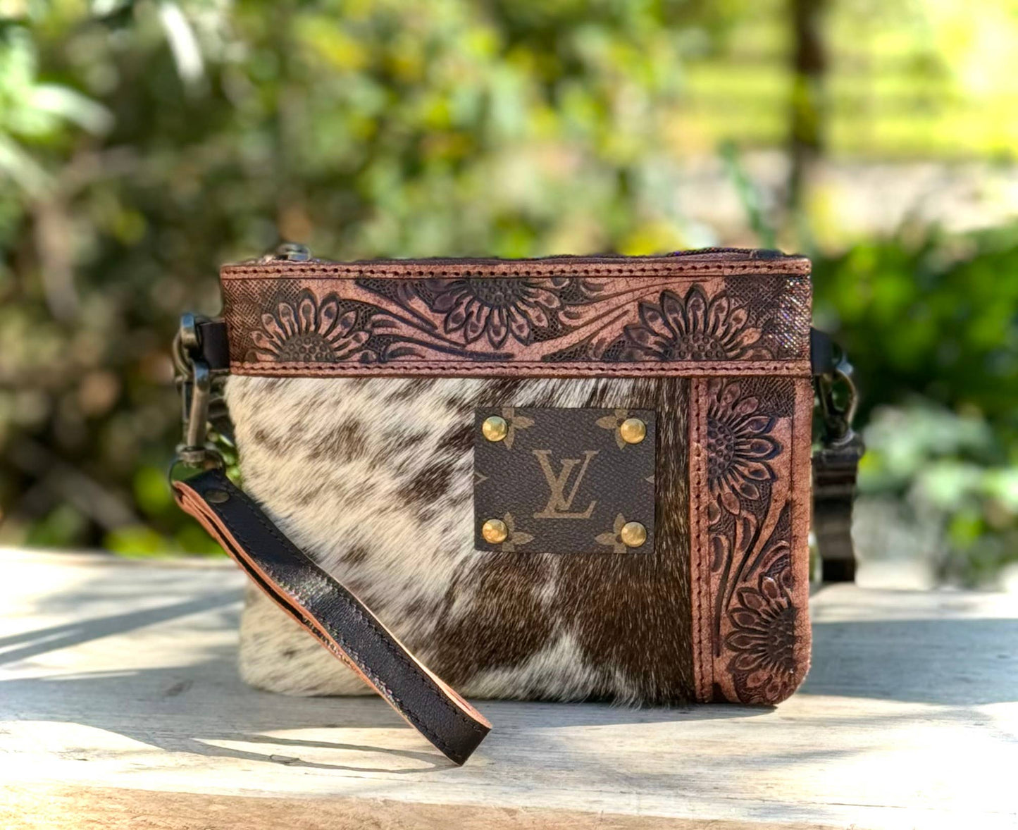 Upcycled LV Cowhide Leather Crossbody Wristlet Bag Western 