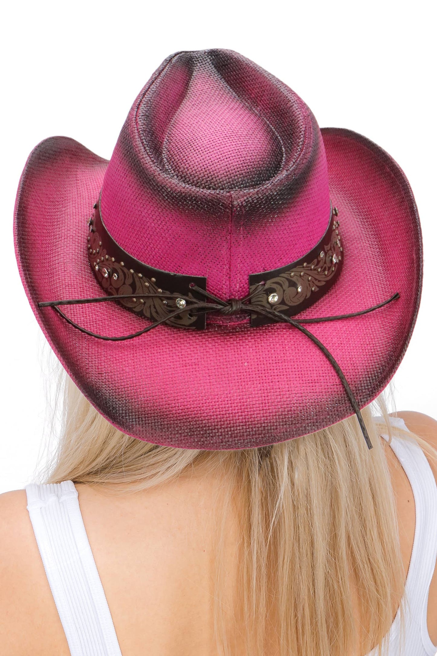 Heart Bling Rhinestone Belt Ombre Straw Cowboy Hat: Beige