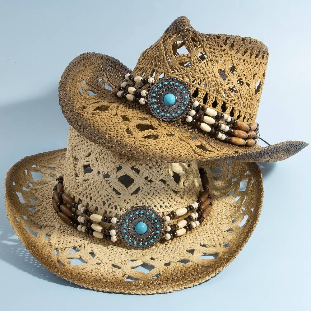 Straw Braided Concho Beaded Strap Cowboy Hat: BR