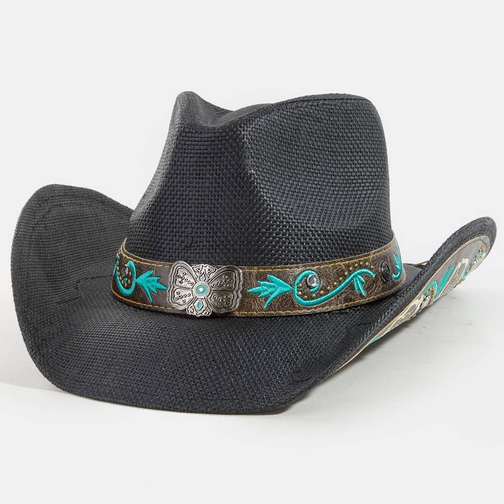 Western Butterfly Concho Detail Straw Cowboy Hat: BR