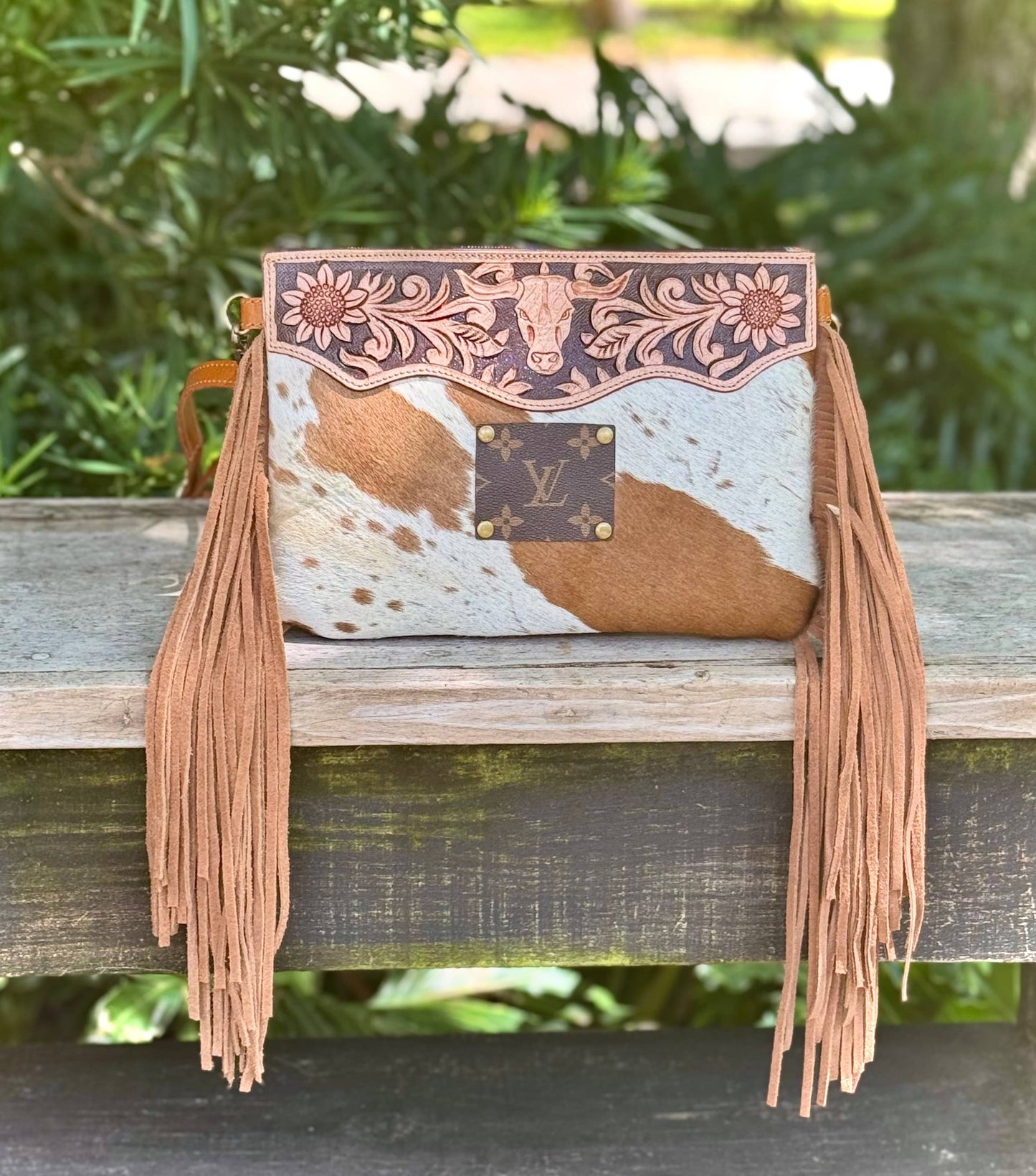 Upcycled LV Cowhide Tooled Leather Crossbody Bag Western 