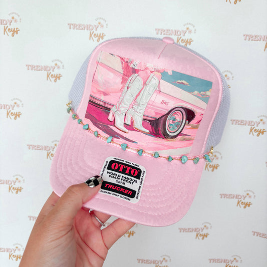 Pretty Pink Cowgirl Trucker Hat : With Chain