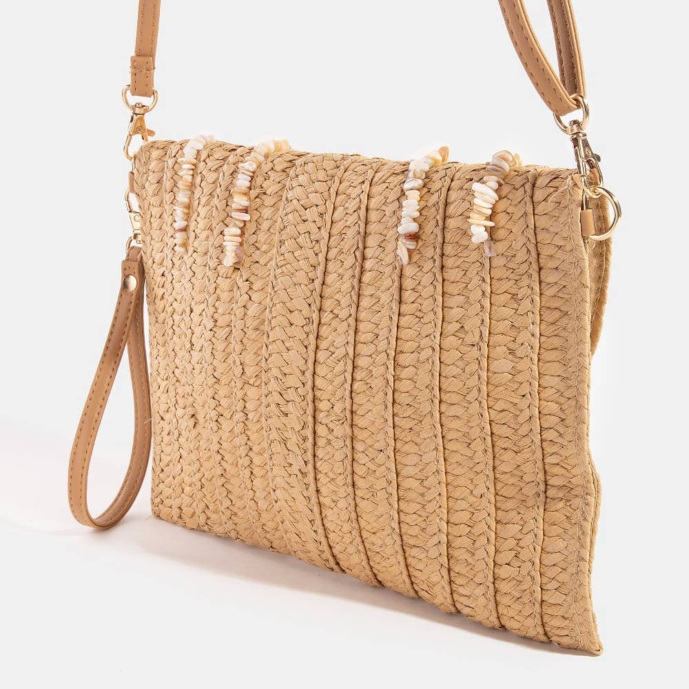Shell Beaded Accent Paper Woven Envelope Clutch Bag: TA