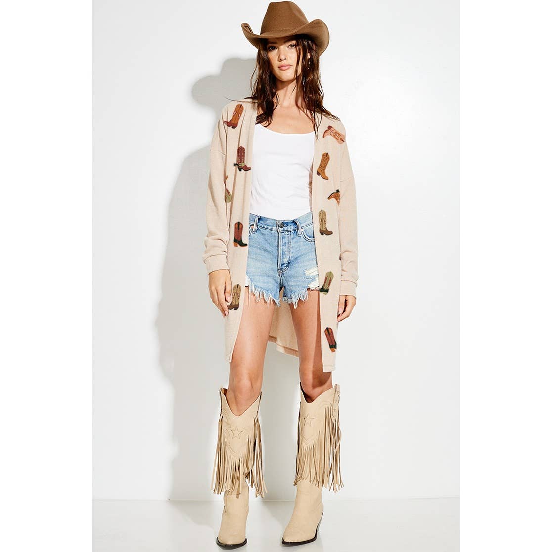 Cowgirl boots print Knit casual style Cardigan