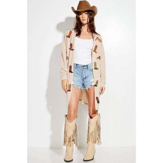 Cowgirl boots print Knit casual style Cardigan