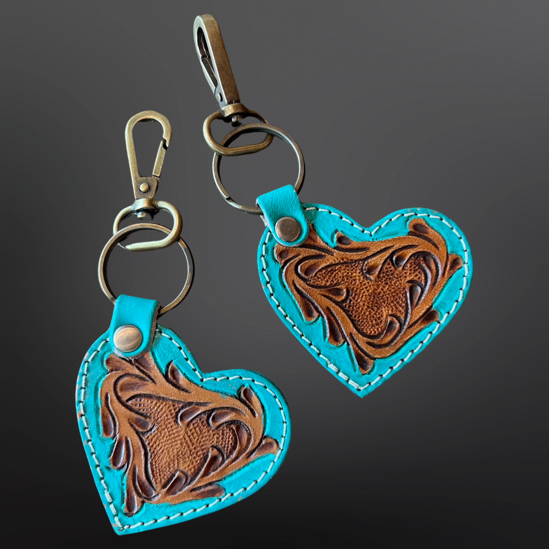 Turquoise Tooled Leather Heart Western Keychain