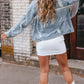 Sky Blue Sequin Embellished Fringe Distressed Denim Jacket: Sky Blue / 75%Cotton+12.7%Polyester+12.3%Viscose.