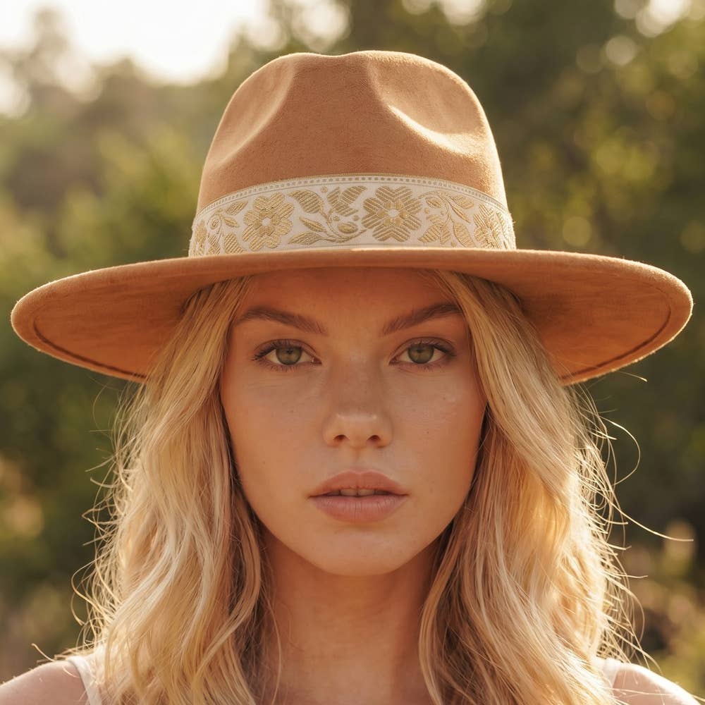 Wide Brim Felt Hat With Floral Ribbon Band
