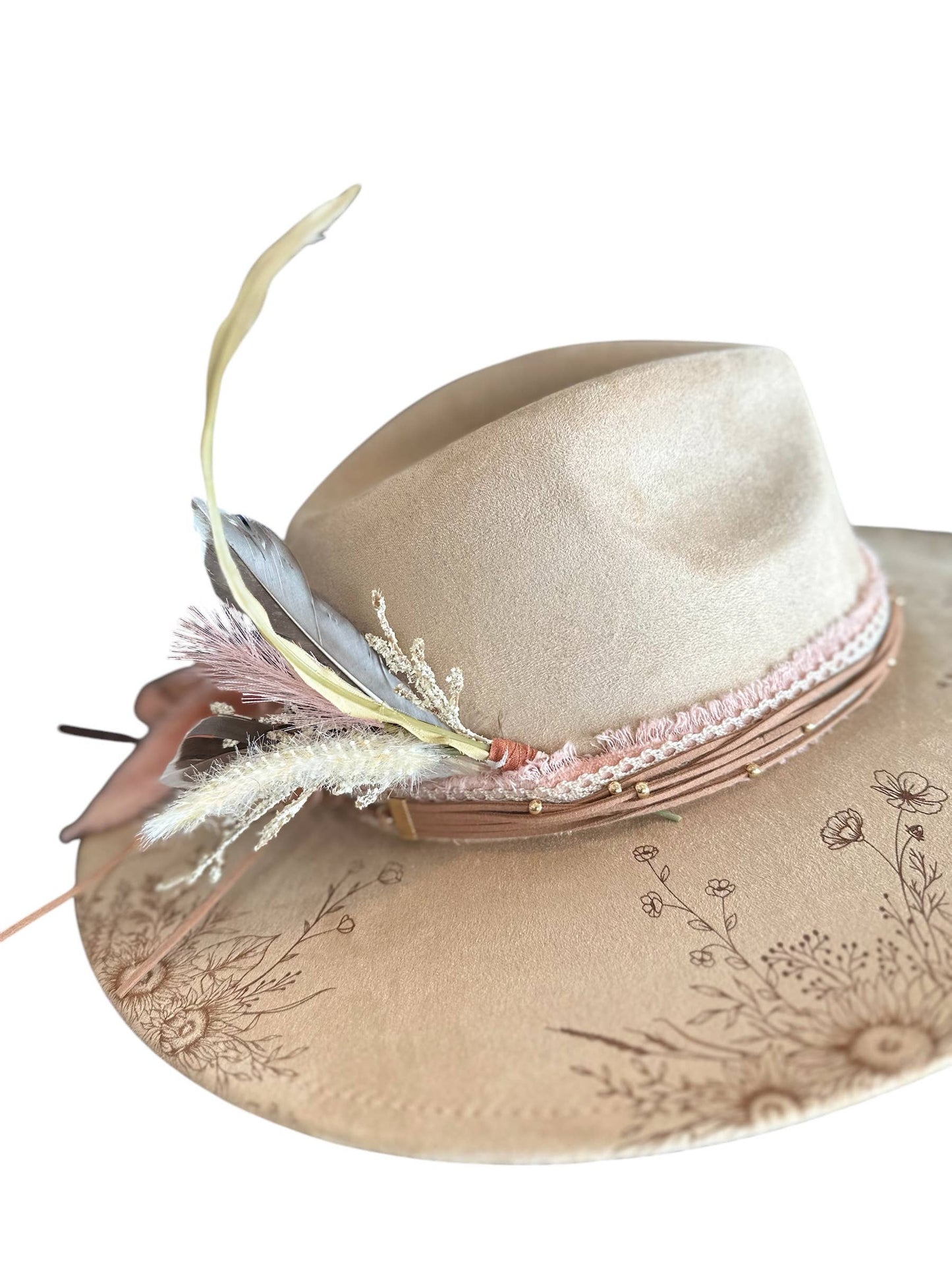Suede Rancher Hat, Cowboy Hat | Sunflower Floral Brim: Beige