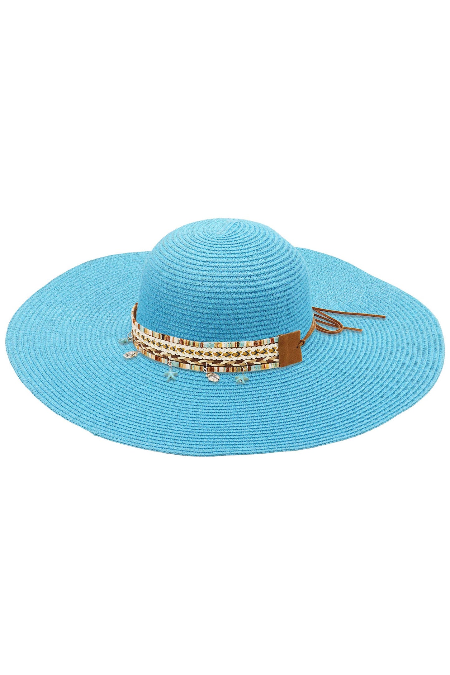 Blue Coastal Starfish Belt Floppy Straw Sun Hat