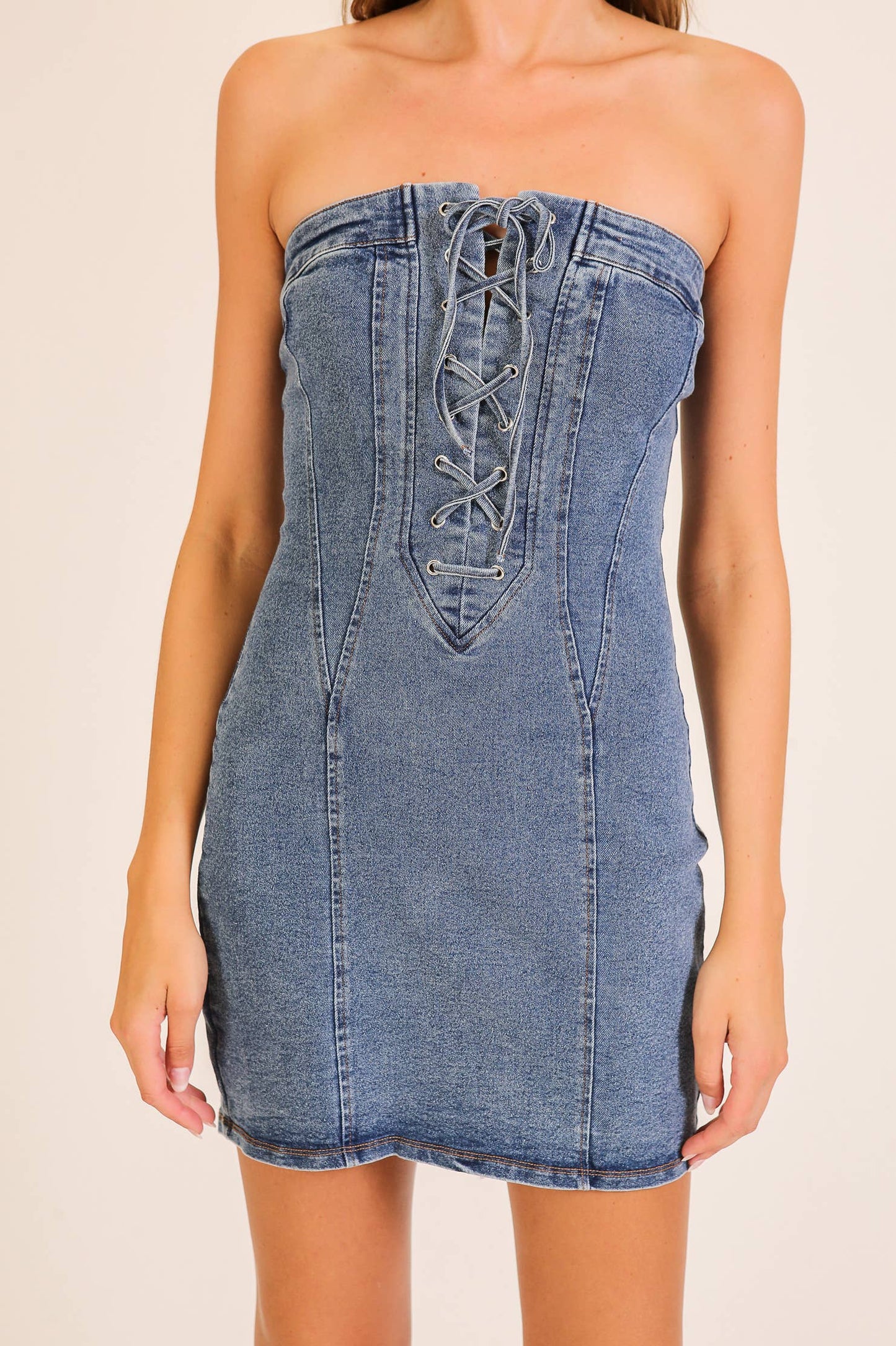 Lace-Up Stretch Denim Mini Dress