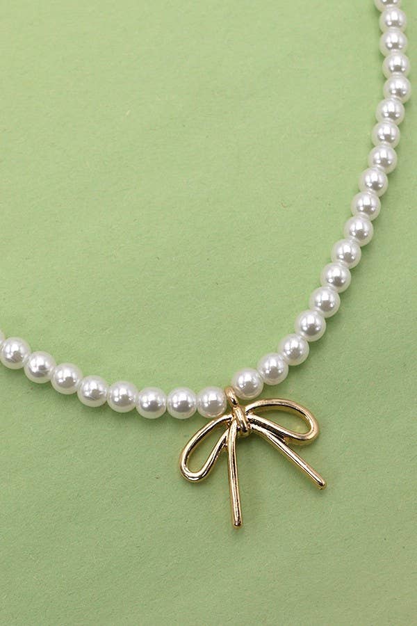 PEARL CHAIN BOW CHARM NECKLACE | 80N342: Gold