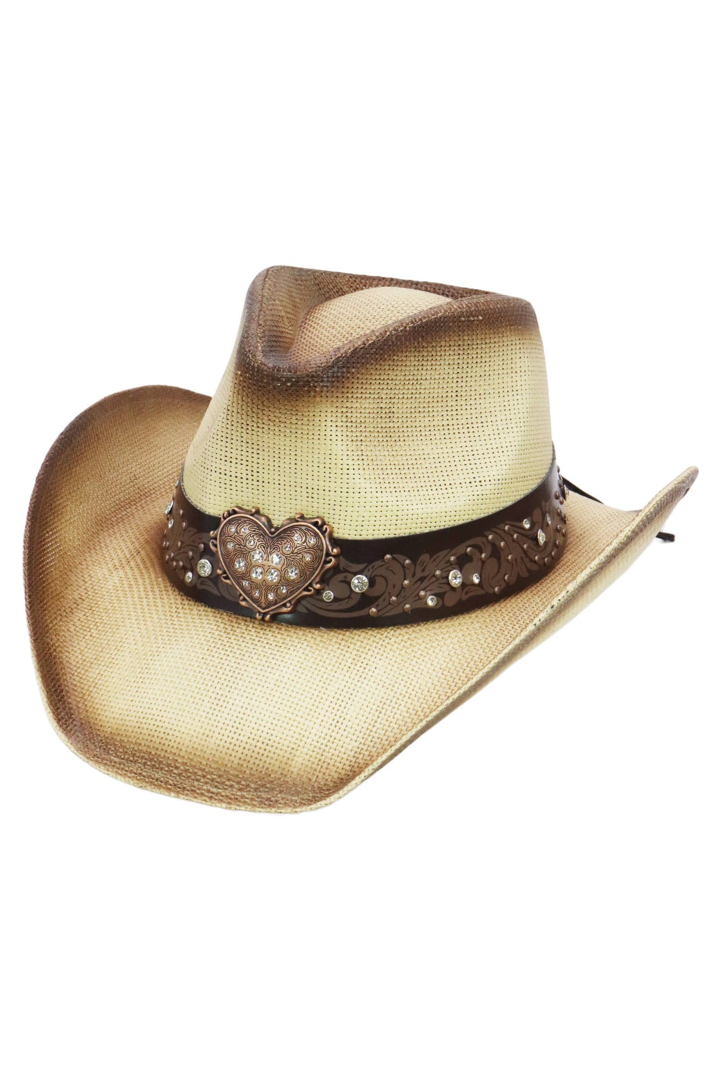 Heart Bling Rhinestone Belt Ombre Straw Cowboy Hat: Beige