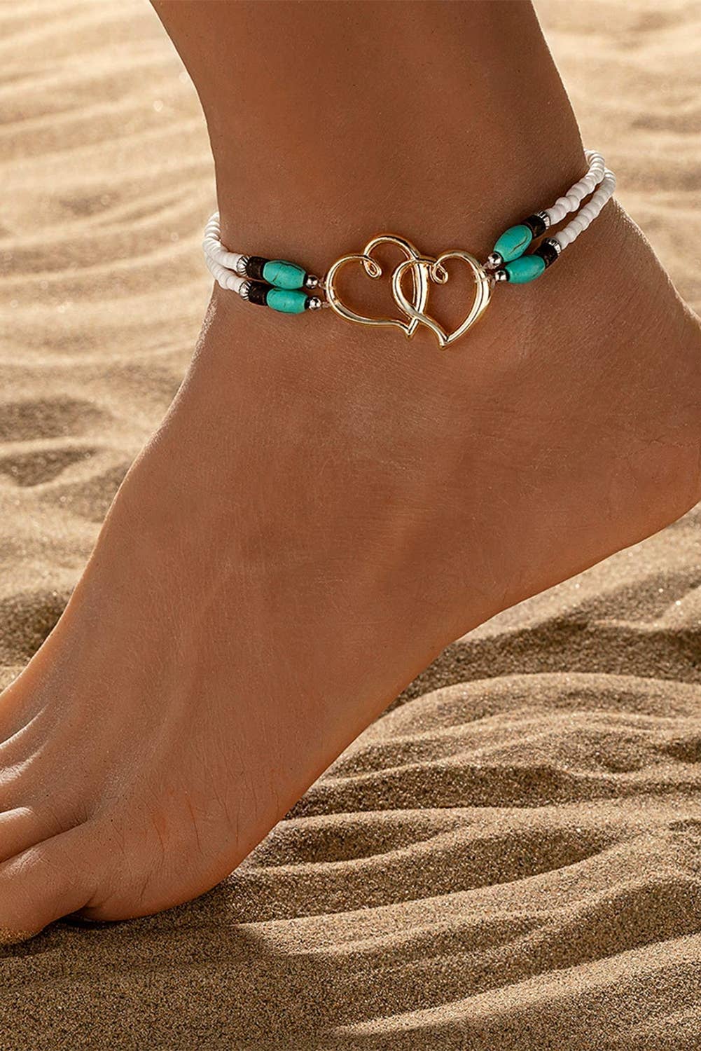 Boho Heart Shape Turquoise Beaded Stretch Anklet
