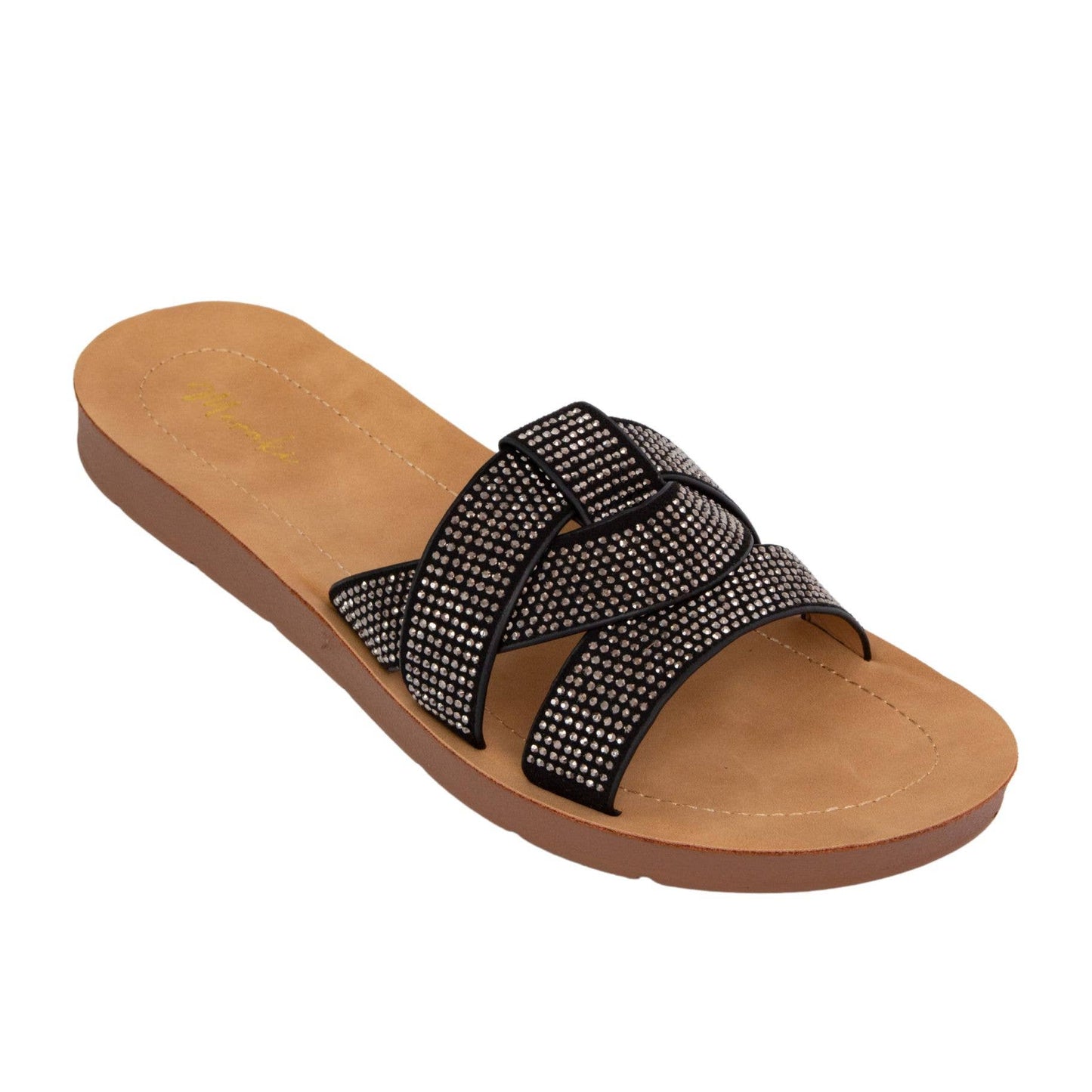 Cindy Rhinestone Crisscross Strap Slide Sandal