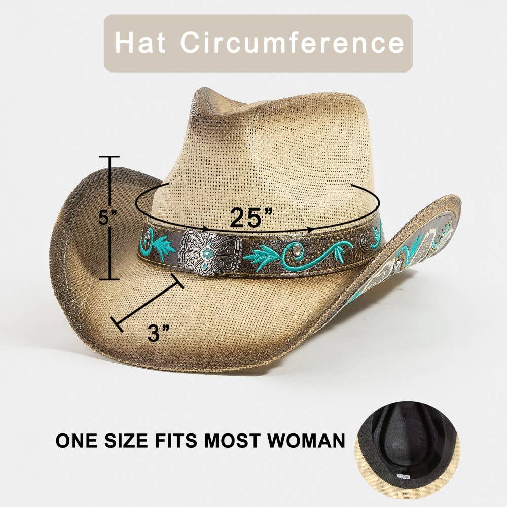 Western Butterfly Concho Detail Straw Cowboy Hat: BR