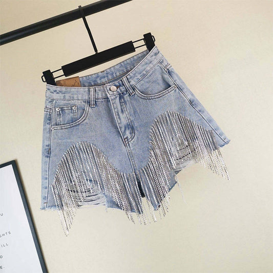Rhinestone Fringe Denim Shorts High Waist Festival: Blue