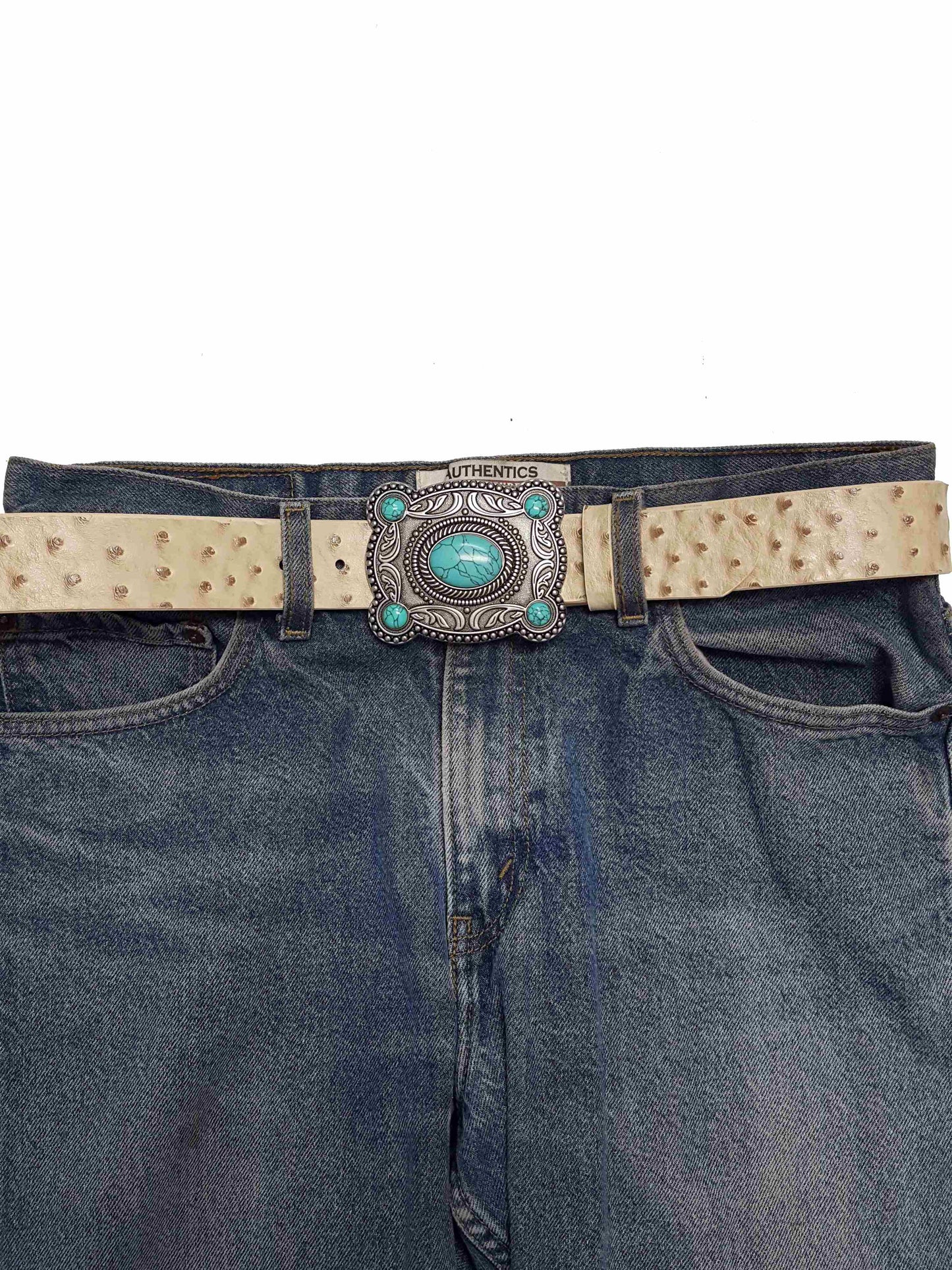 Western Silver Turquoise Buckle w. Ostrich Belt: Black / M/L