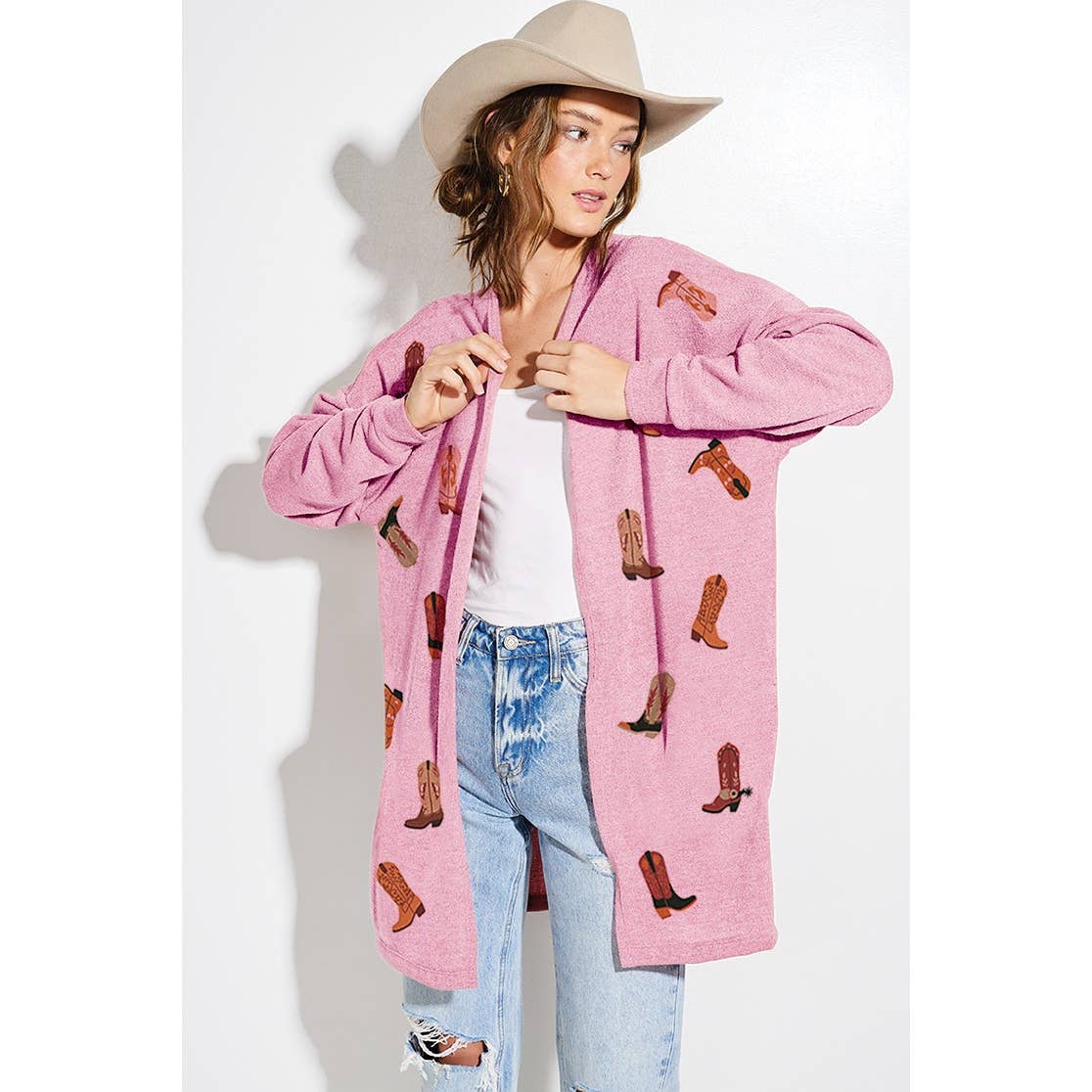 Cowgirl boots print Knit casual style Cardigan