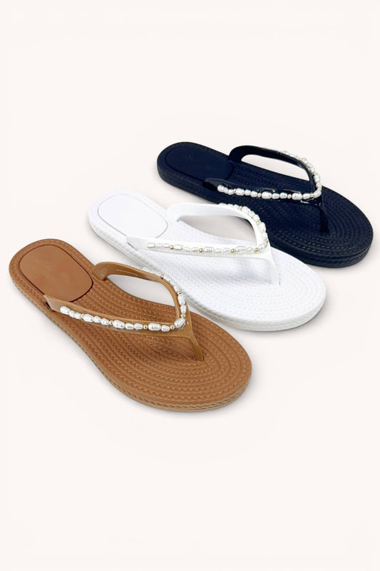 NINA-1 ELEGANT BRAIDED PEARL ACCENT WATERPROOF PVC SLIDE FLA: TAN