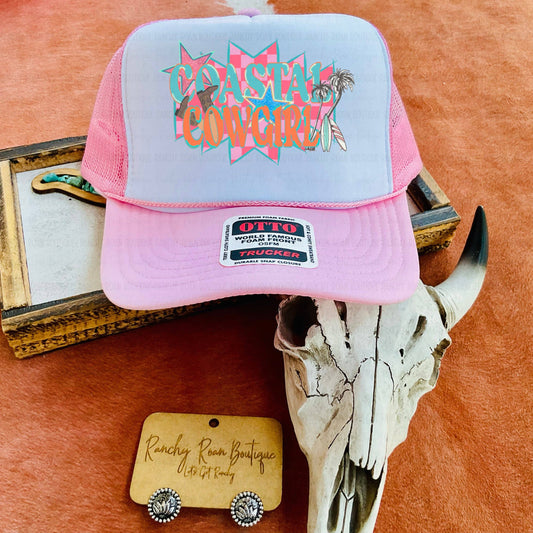 Coastal Cowgirl Trucker Hat – Western Mesh Snapback: Pink/White