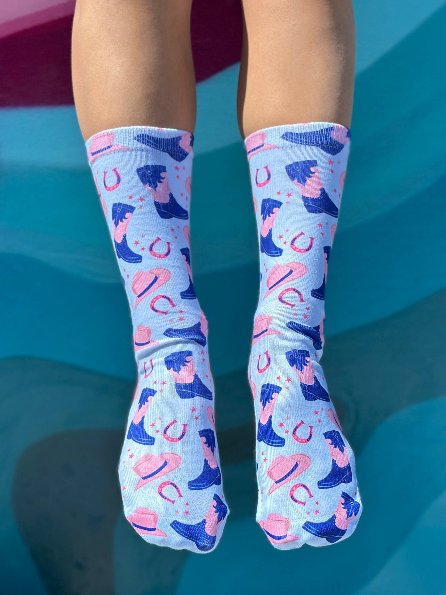 Novelty Graphic Crew Socks - Western Cowgirl - Blue
