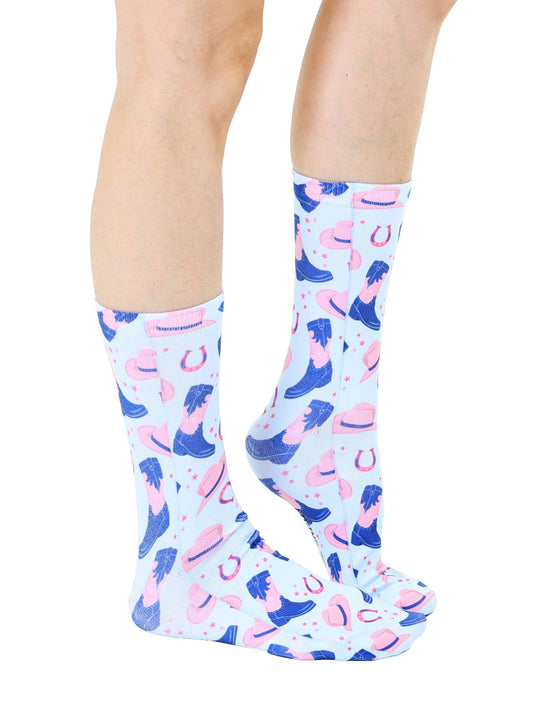 Novelty Graphic Crew Socks - Western Cowgirl - Blue