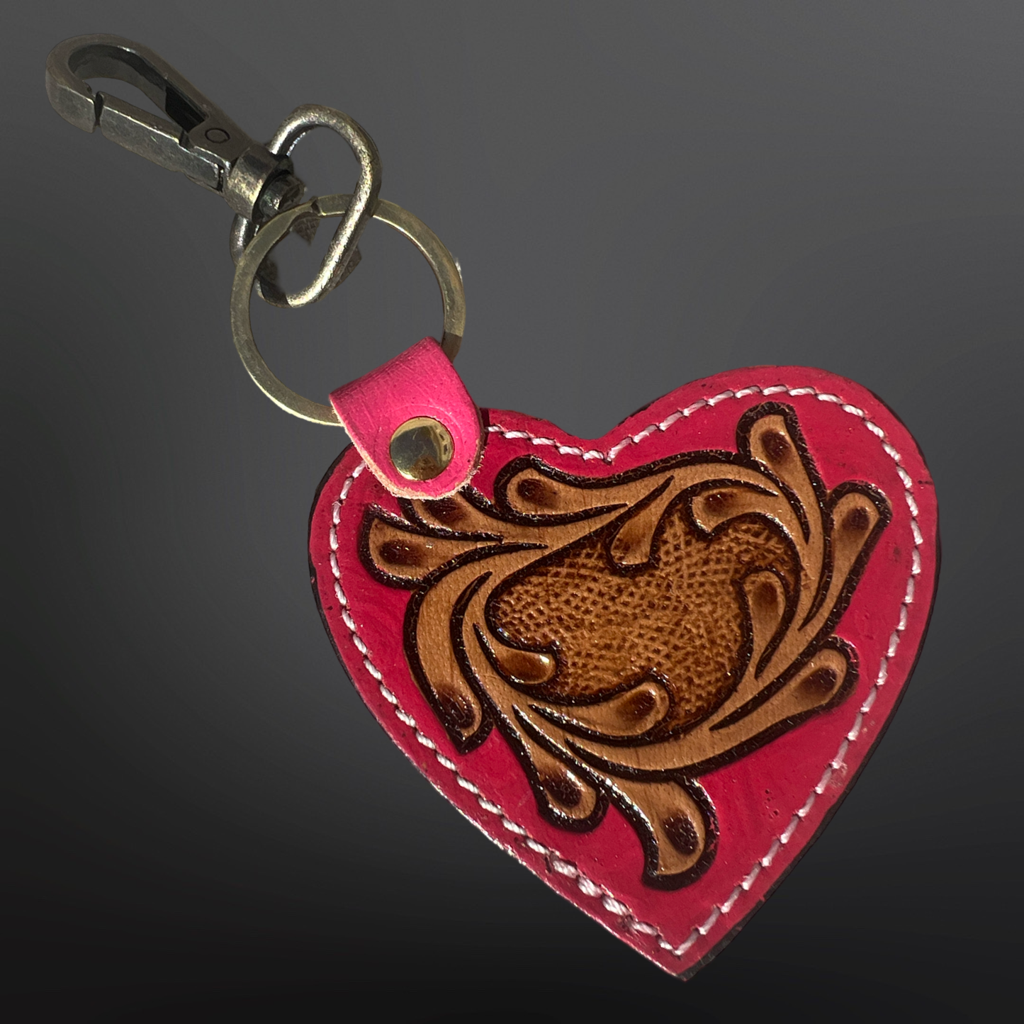 Tooled Leather Pink Heart Western Keychain