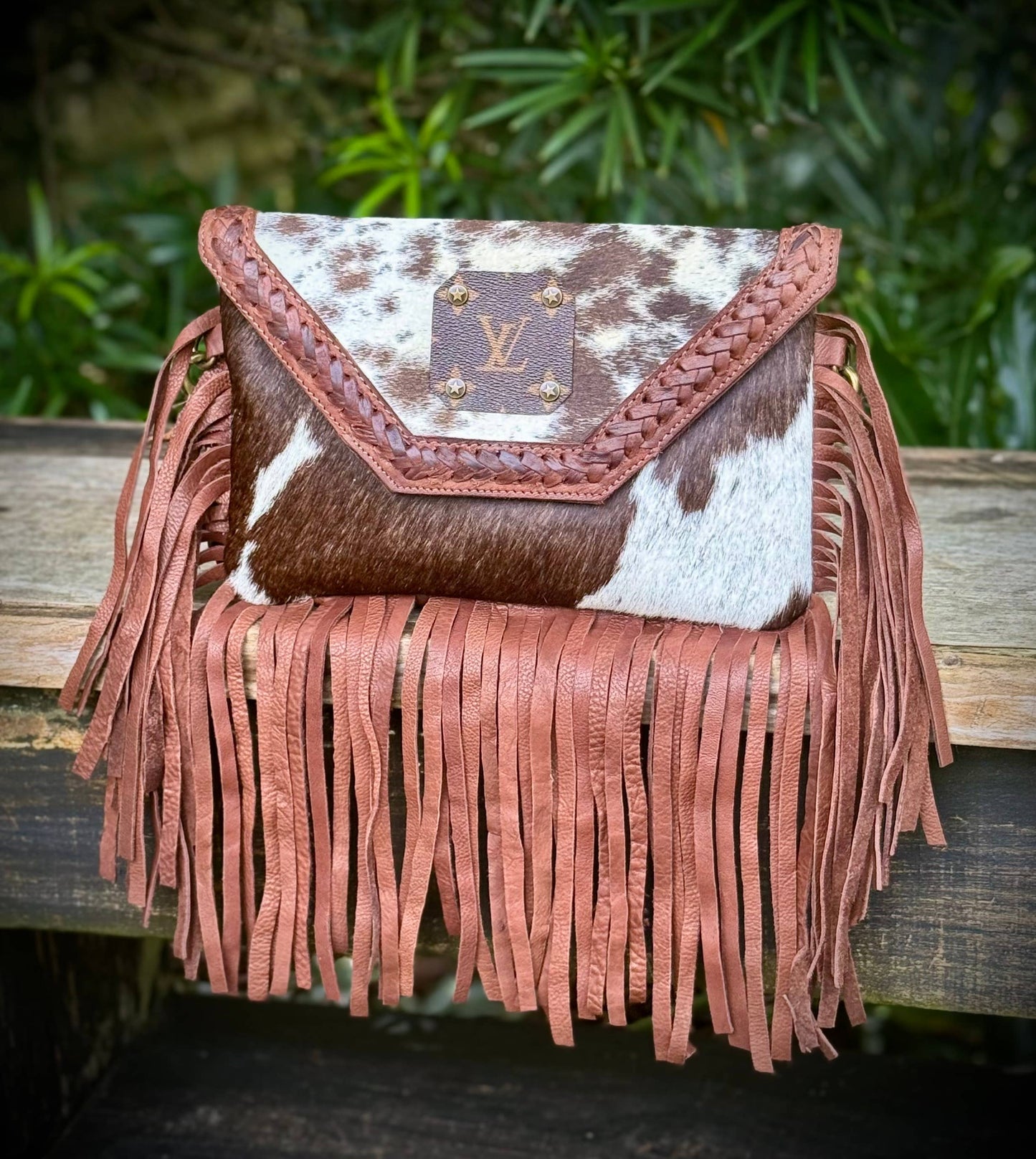 Upcycled LV Cowhide Leather Fringe Crossbody Western Rodeo