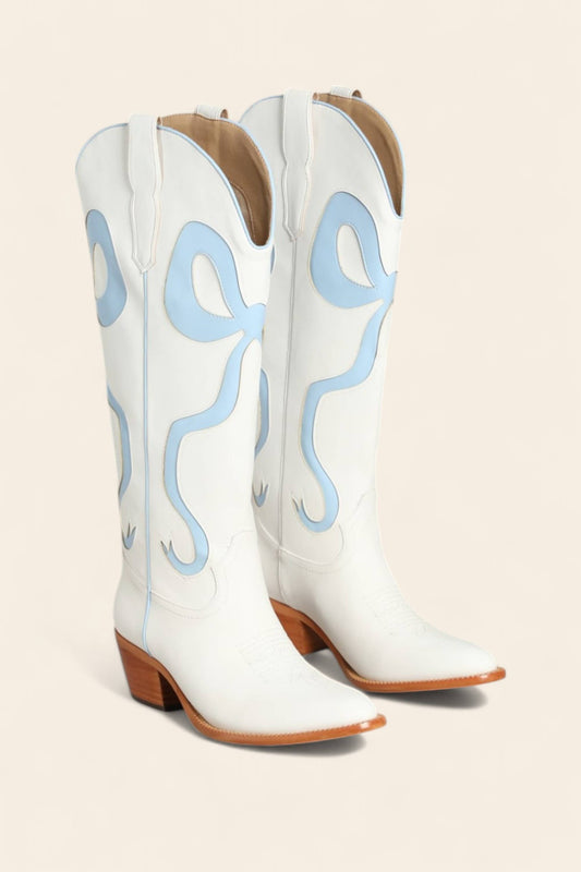 RUBY BOW SWIRLING PATTERNED WESTERN BOOTS: WHITE/ LIGHT BLUE / B12