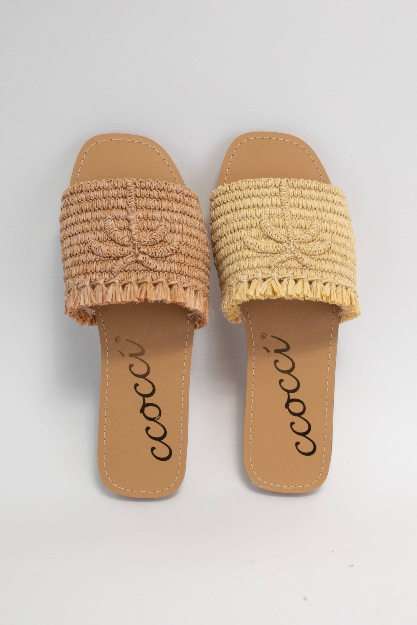 SANDY PALM TREE EMBROIDERY DESIGN RAFFIA SANDAL: CAMEL / A12