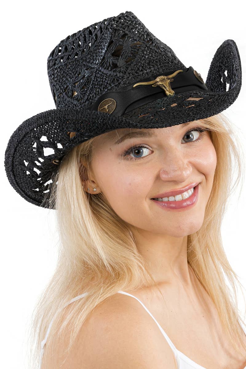 Longhorn Monochrome Belt Crochet Woven Cowboy Hat: Hot Pink