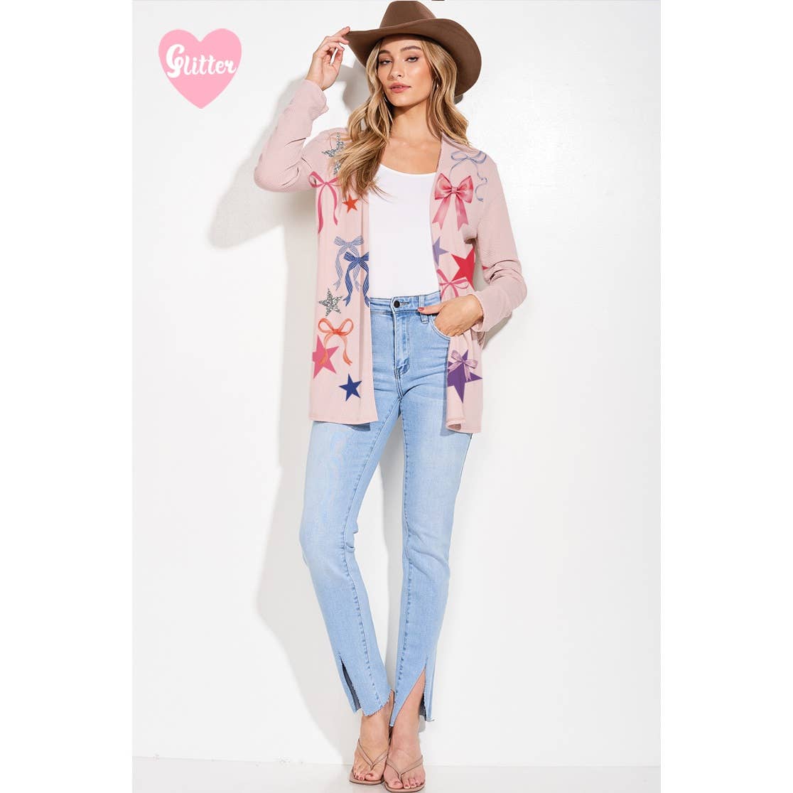 Bow star lovely print knit long sleeve cardigan