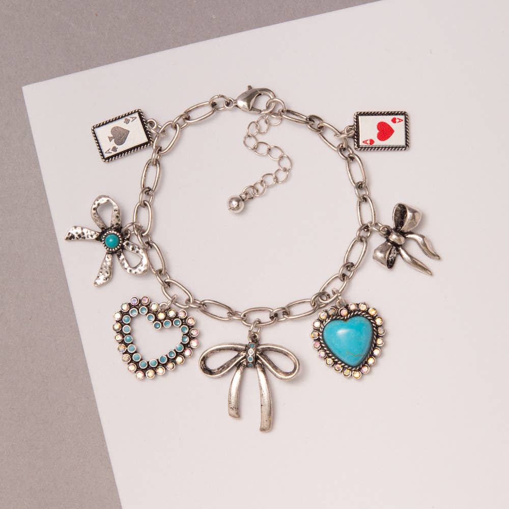 Multi-Charm with Heart and Bows Bracelet