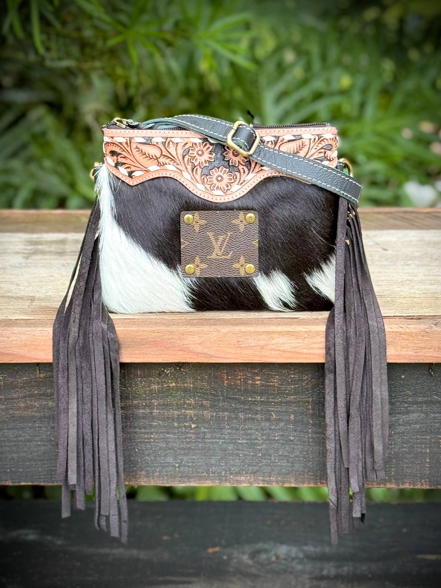 Upcycled LV Cowhide Leather Crossbody Wristlet Bag Western 