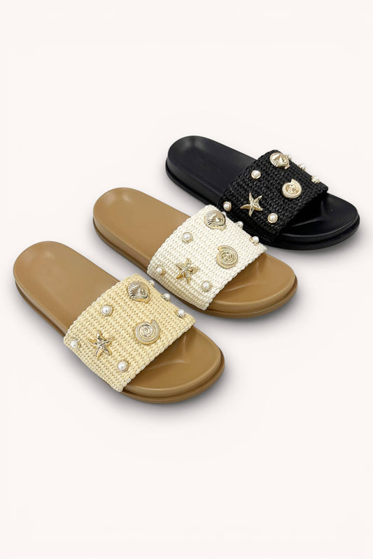 PEARL GOLD SEA CHARM RAFFIA STRAP SLIP  IVORY