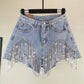 Rhinestone Fringe Denim Shorts High Waist Festival: Blue