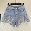 Rhinestone Fringe Denim Shorts High Waist Festival: Blue