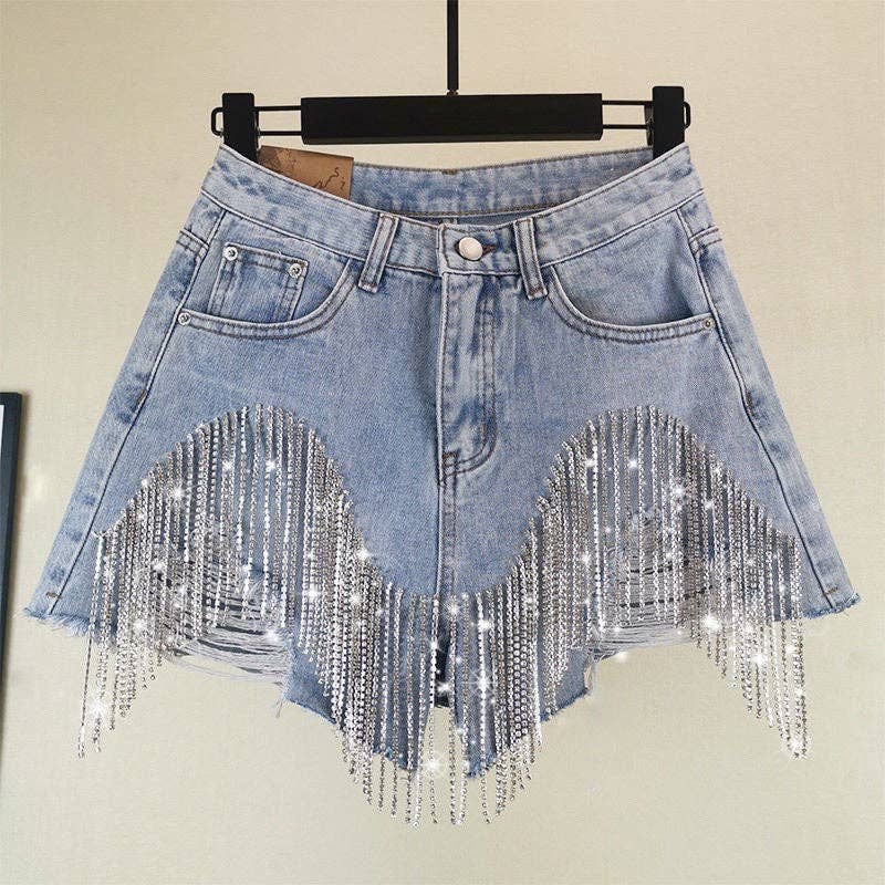Rhinestone Fringe Denim Shorts High Waist Festival: Blue
