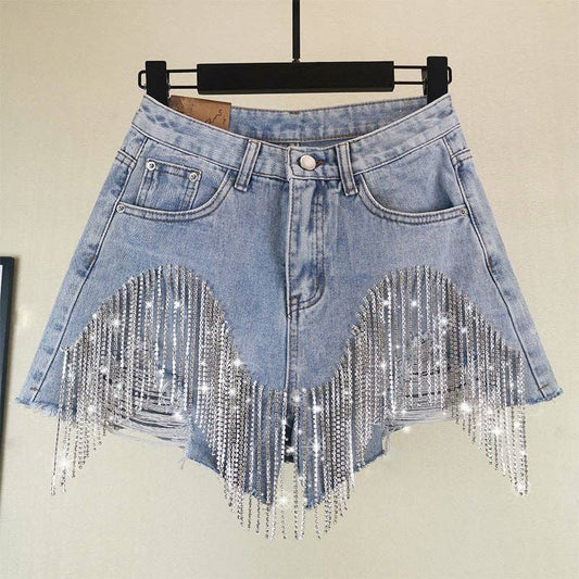 Rhinestone Fringe Denim Shorts High Waist Festival: Blue
