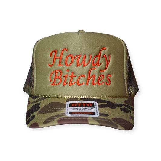 Howdy Bitches Trucker Hat: Camo/Olive Green/Burnt Orange