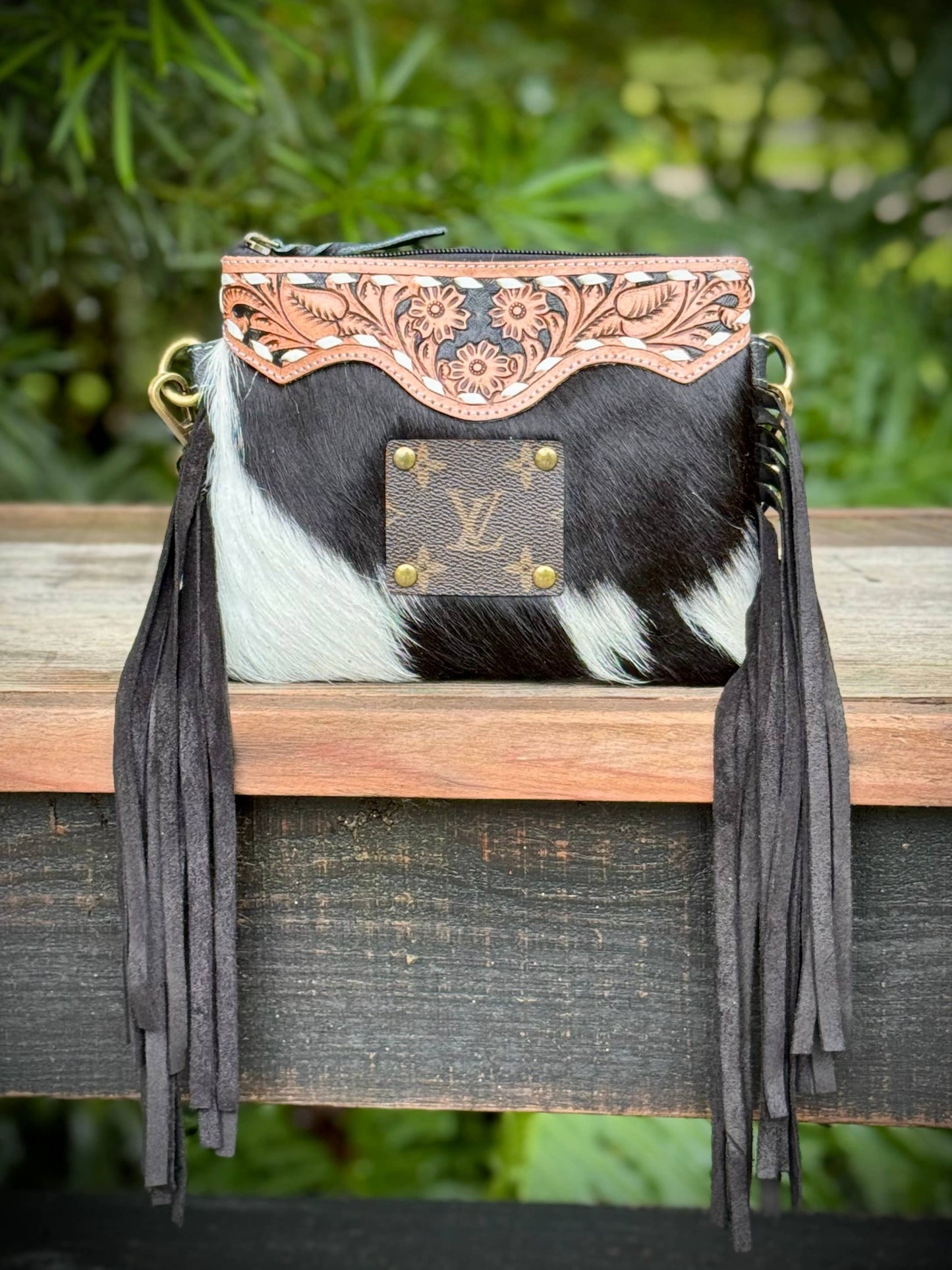 Upcycled LV Cowhide Leather Crossbody Wristlet Bag Western 