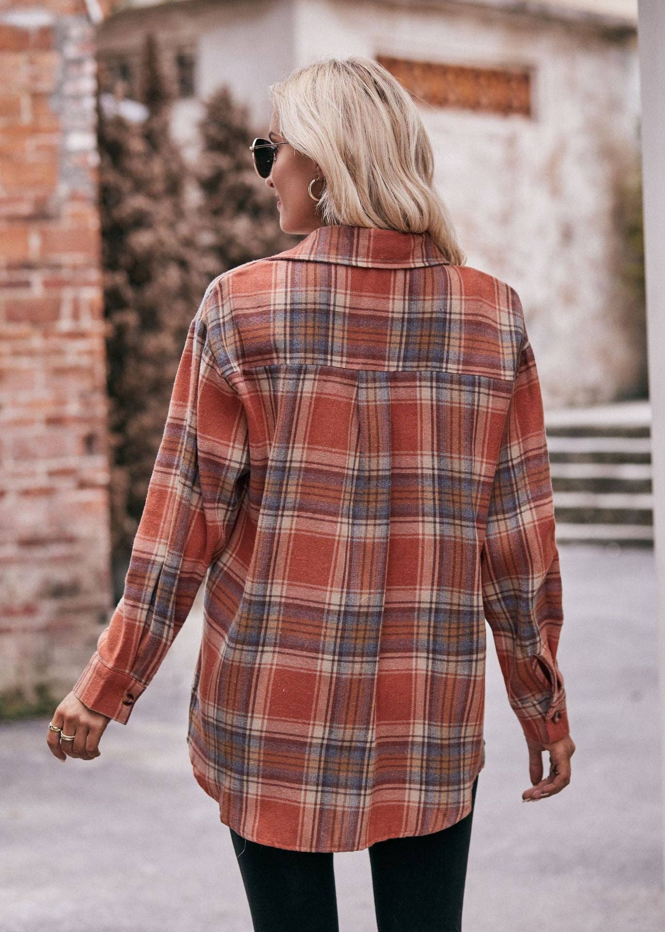 Women's Casual Fashion Oversized Loose Plaid Shirt Caramel / 100%Polyester.