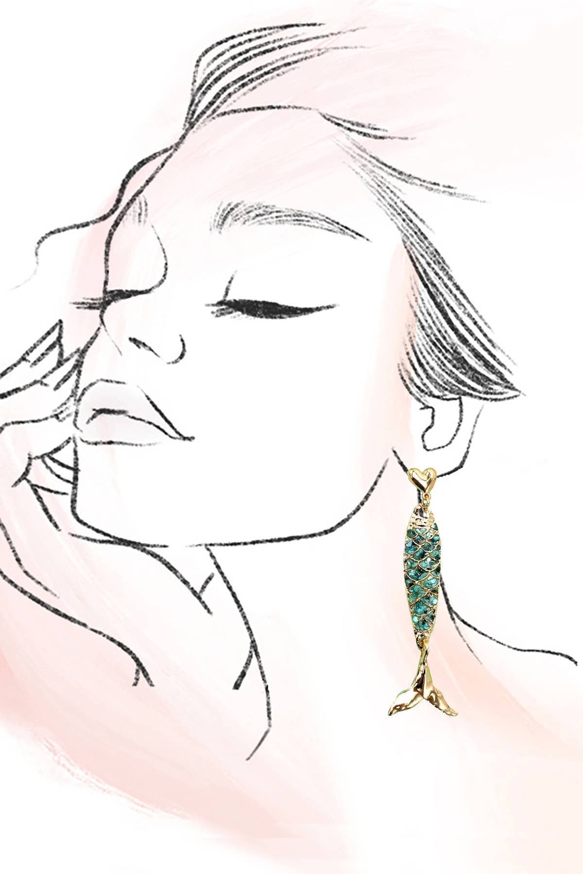 ENAMEL MERMAID FISH HEART DROP EARRINGS | 80E61274: GOLD