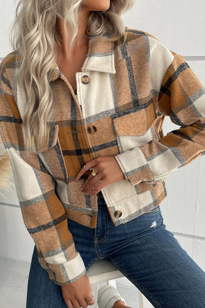 Buttoned Cardigan Plaid Jacket With Pocket:100%Polyester.