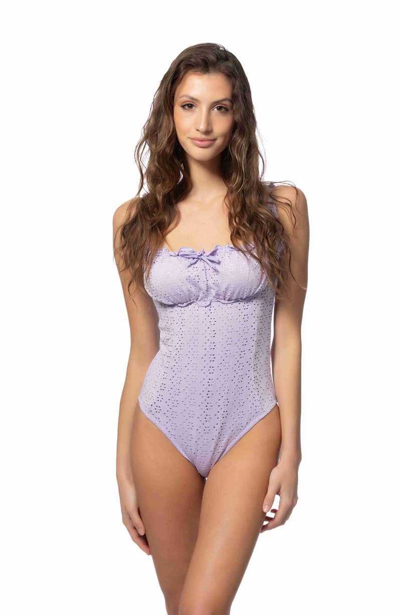 623133-SOLID EYELET ONE PIECE RUFFLE TRIM SWIMSUIT