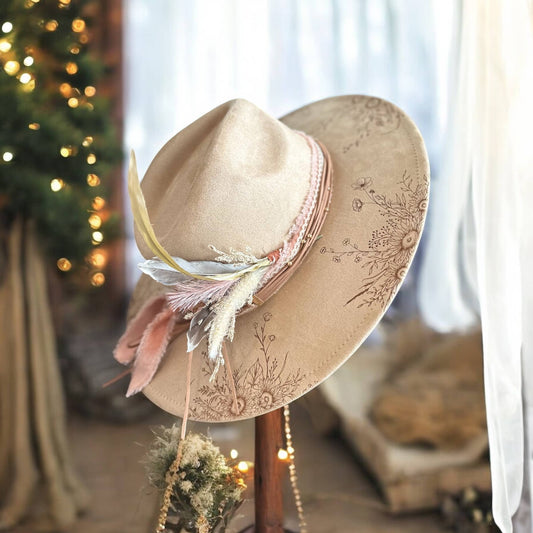 Suede Rancher Hat, Cowboy Hat | Sunflower Floral Brim: Beige