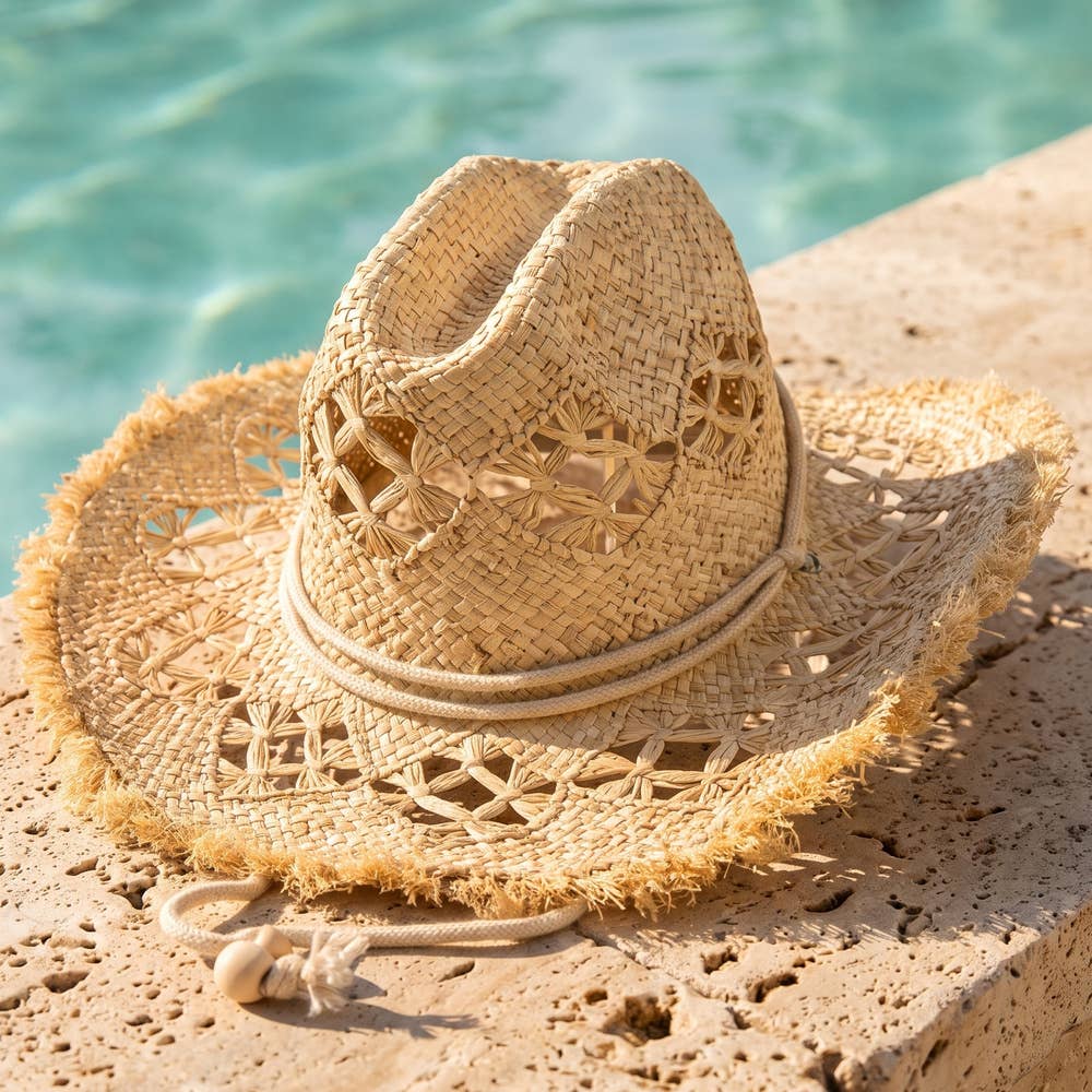 Frayed Edge Open Weave Straw Cowboy Hat: IV